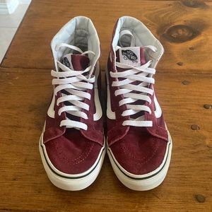 Burgundy high top vans. Canvas and suede. Size 8.5 womens or 7.0 mens.